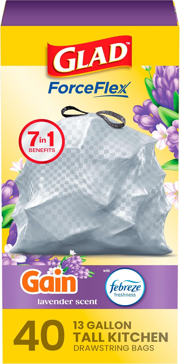 Gloria ForceFlex Tall Kitchen Trash Bags, 13 Gal, Lavender with Febreze, 110 Count