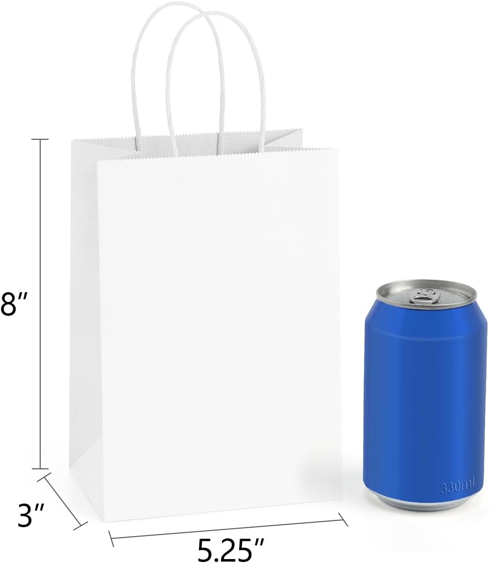 mora Gift Bags with Handles, 5.25 x 3 x 8 Inch White Bags, 100 Count Pack