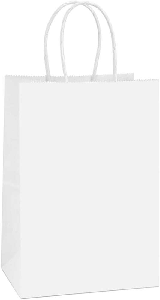 mora Gift Bags with Handles, 5.25 x 3 x 8 Inch White Bags, 100 Count Pack