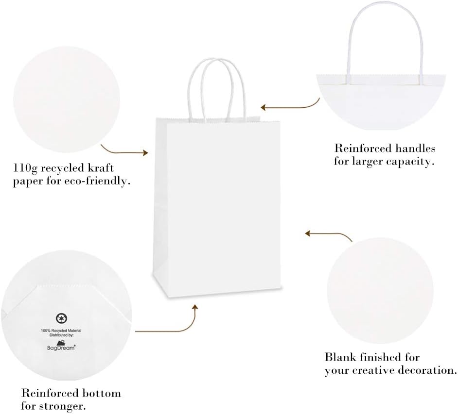mora Gift Bags with Handles, 5.25 x 3 x 8 Inch White Bags, 100 Count Pack