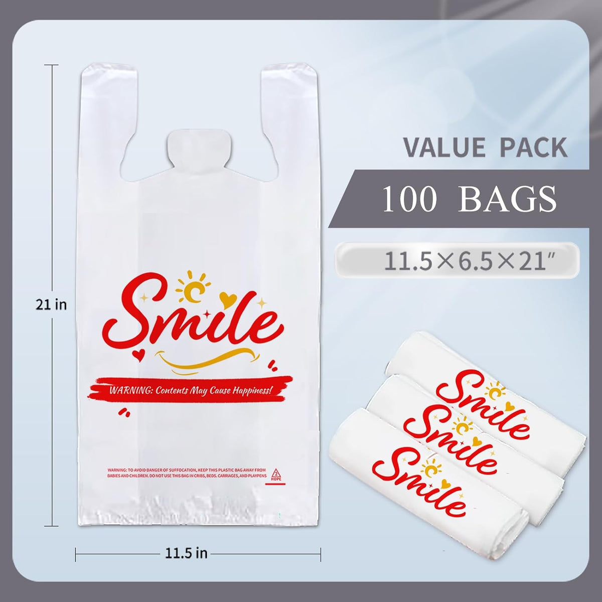 Valora 100 Pack White Smile Plastic Bags, 11.5 x 6.5 x 21 Inch T-Shirt Grocery Bags