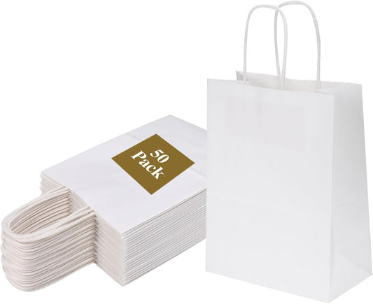 Joyora 50 Pack 5.95 x 3.25 x 8 Inch White Paper Bags with Handles for Retail | 50 Pack
