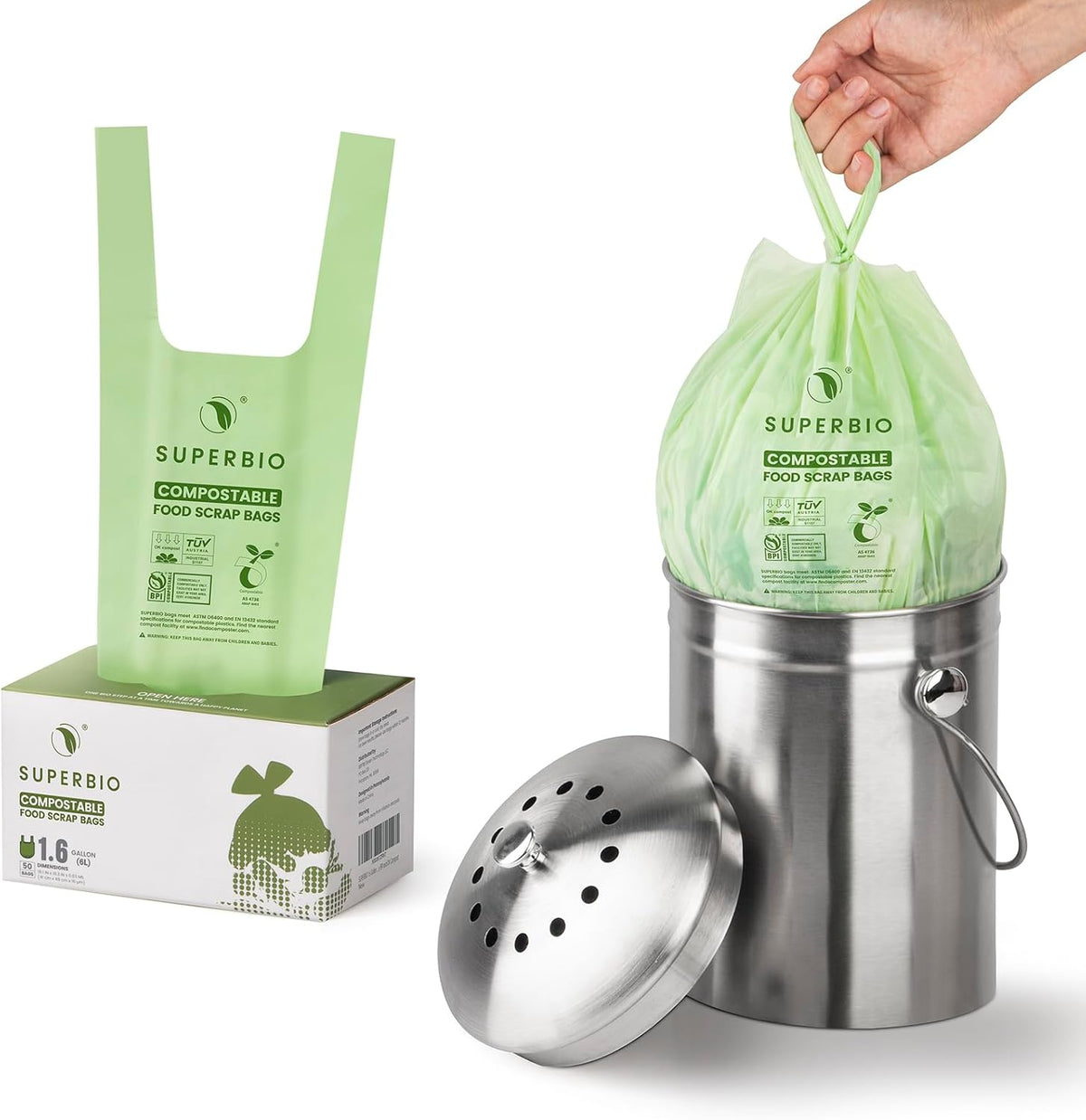 Superivo 16 Gallon Compostable Food Scrap Bags for Countertop Bin, 100 Count Bags