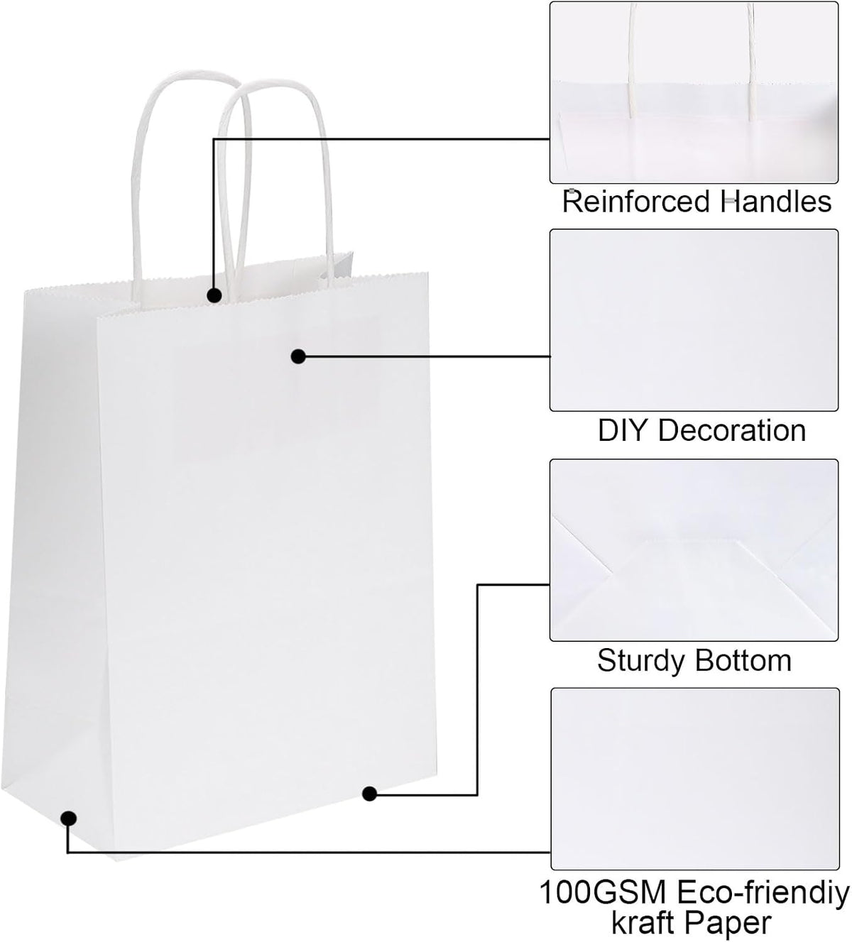 Joyora 50 Pack 5.95 x 3.25 x 8 Inch White Paper Bags with Handles for Retail | 50 Pack