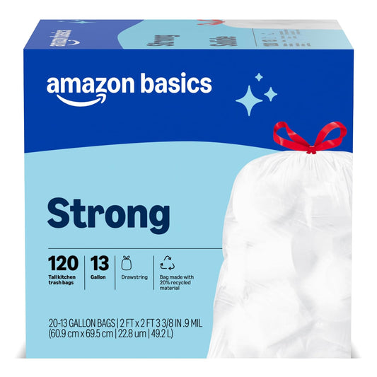 Averon Basics Trash Bags, Tall Kitchen Drawstring, Unscented, 13 Gallon, 120 Count Pack