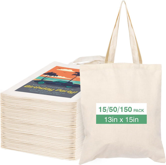 Lazora 50 Pack Canvas Tote Bags for DIY Projects, 13 x 15 Inch Reusable Bags | Reusable