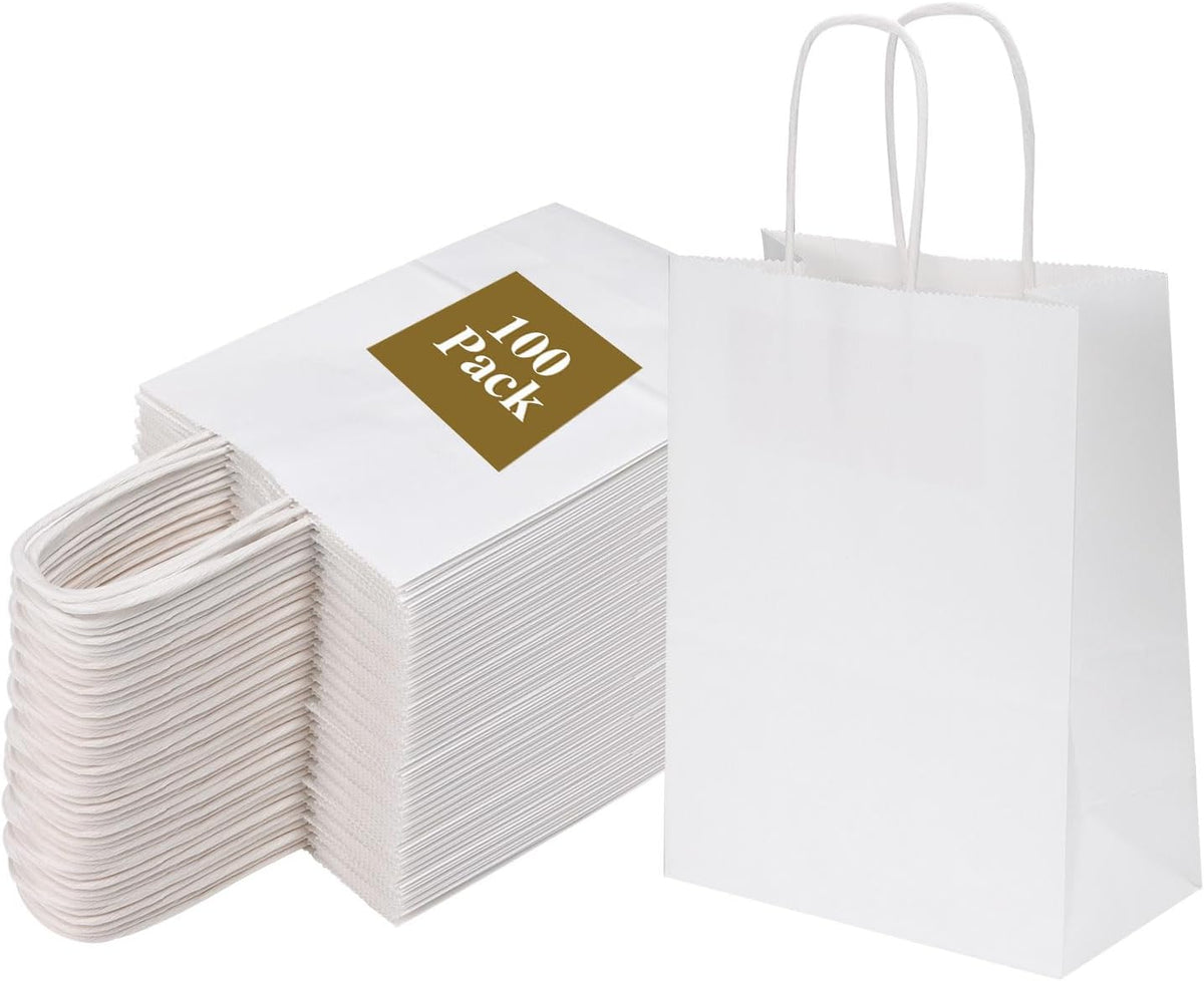 Joyora 50 Pack 5.95 x 3.25 x 8 Inch White Paper Bags with Handles for Retail | 50 Pack