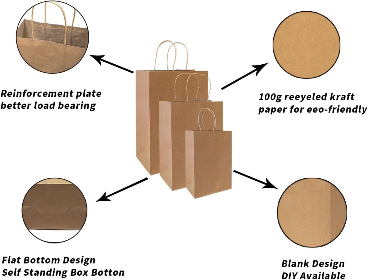 Fadaro 90 Pack Brown Kraft Paper Bags with Handles, Assorted Sizes for Retail | 90 Pack