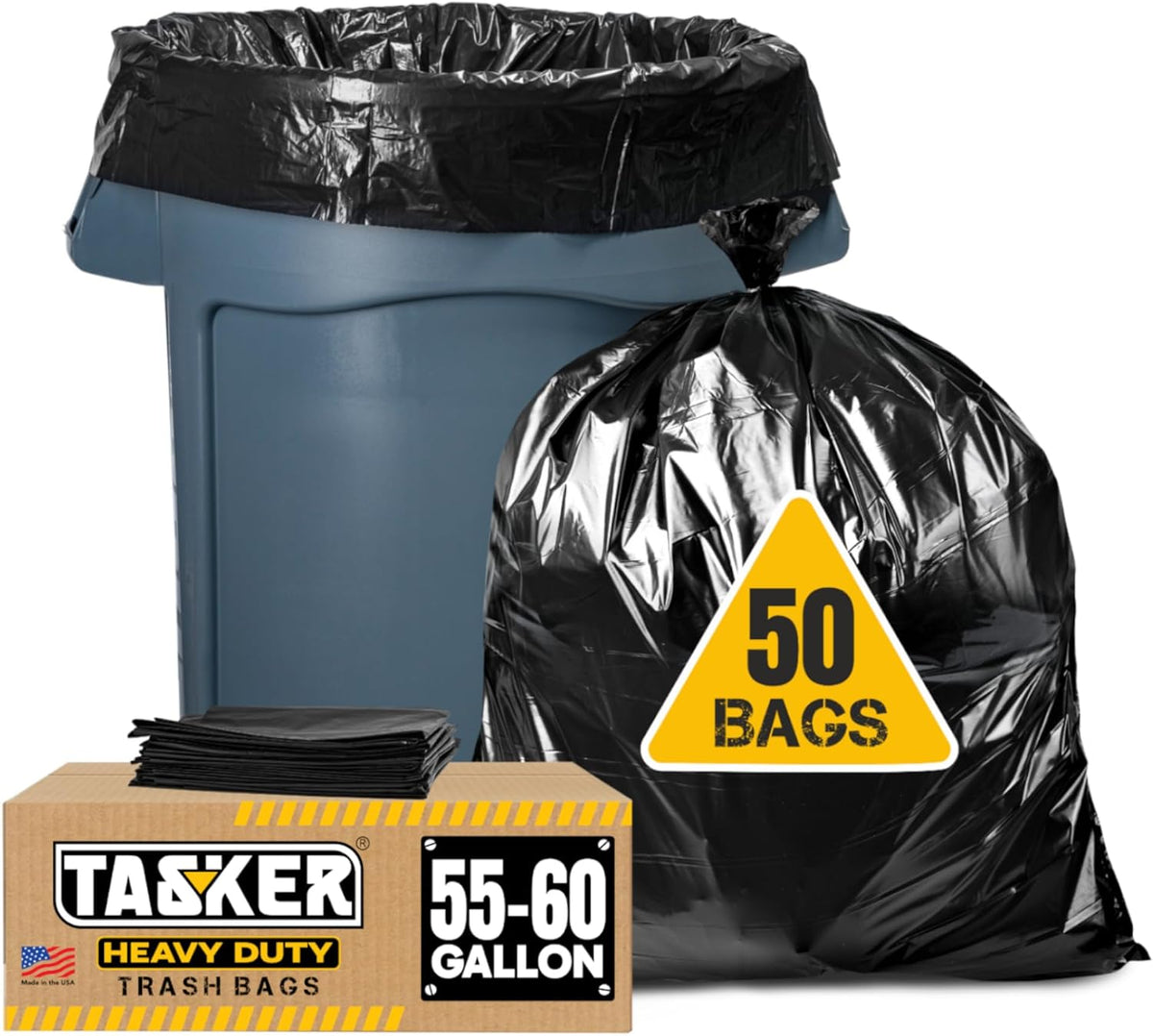 Taskora 55-60 Gallon Trash Bags, Heavy Duty Mega Value Pack, 50 Large Black Bags