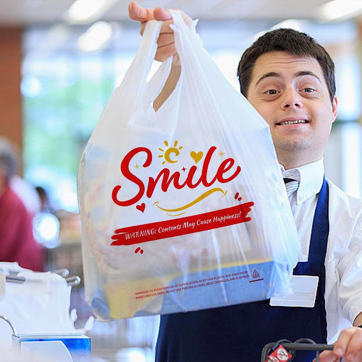 Valora 100 Pack White Smile Plastic Bags, 11.5 x 6.5 x 21 Inch T-Shirt Grocery Bags