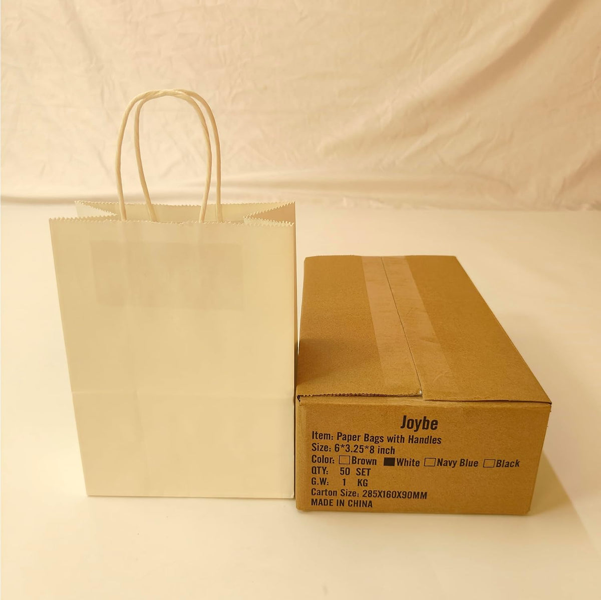 Joyora 50 Pack 5.95 x 3.25 x 8 Inch White Paper Bags with Handles for Retail | 50 Pack