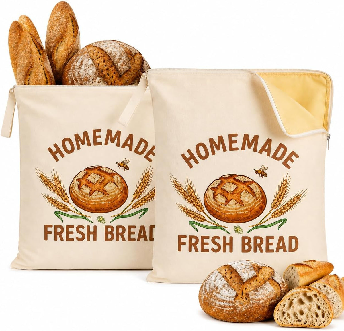 Zipora 2 Pack Wide Zipper D-Shape Bread Bags, Reusable Bread Storage Organizer | 2 Pack
