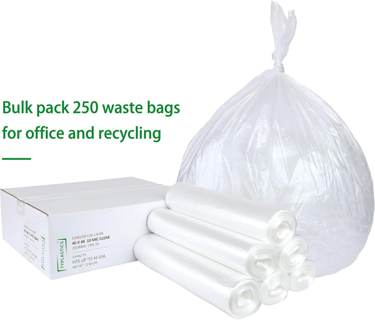 Tyvona 40-45 Gallon Clear Trash Can Liners, 40 x 48 Inch, 50 Count Pack