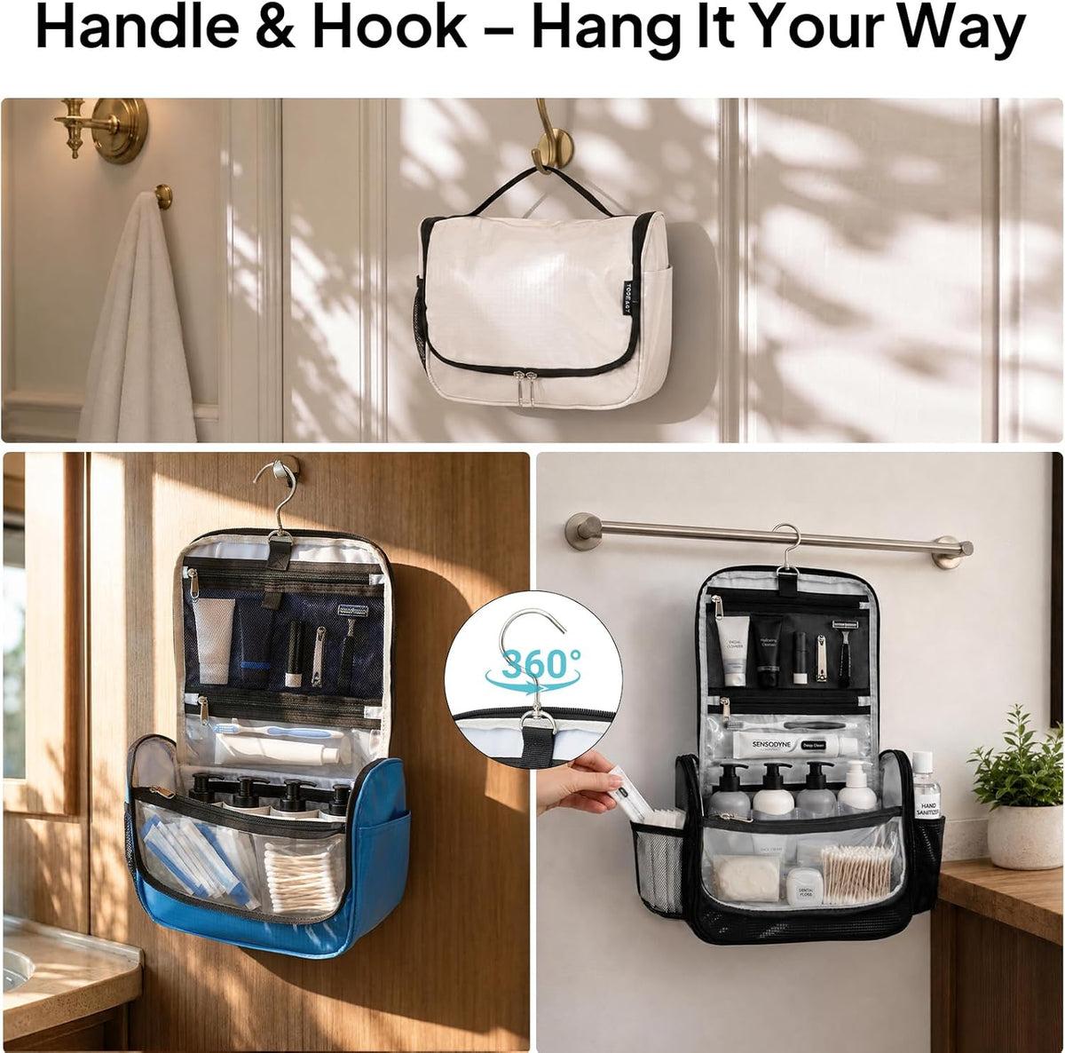 Travora Toiletry Bag for Women and Men, Waterproof Hanging Makeup Organizer | Hanging