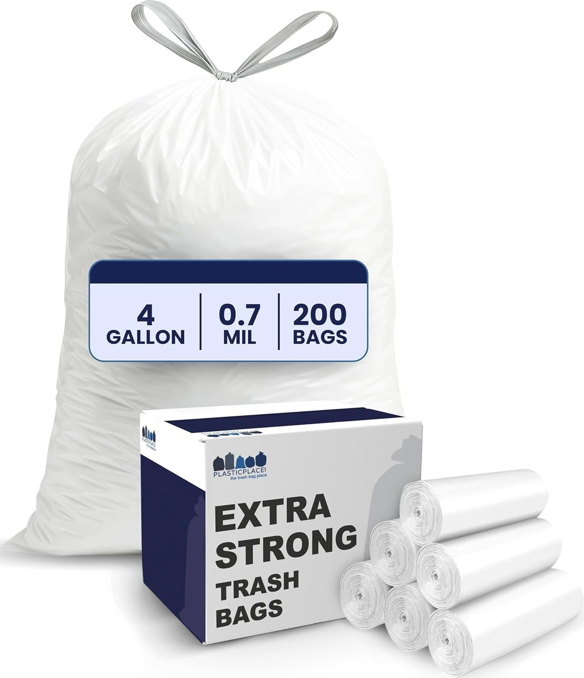 Plastica 4 Gallon White Drawstring Trash Bags, 200 Count, Leakproof Small Can Liners