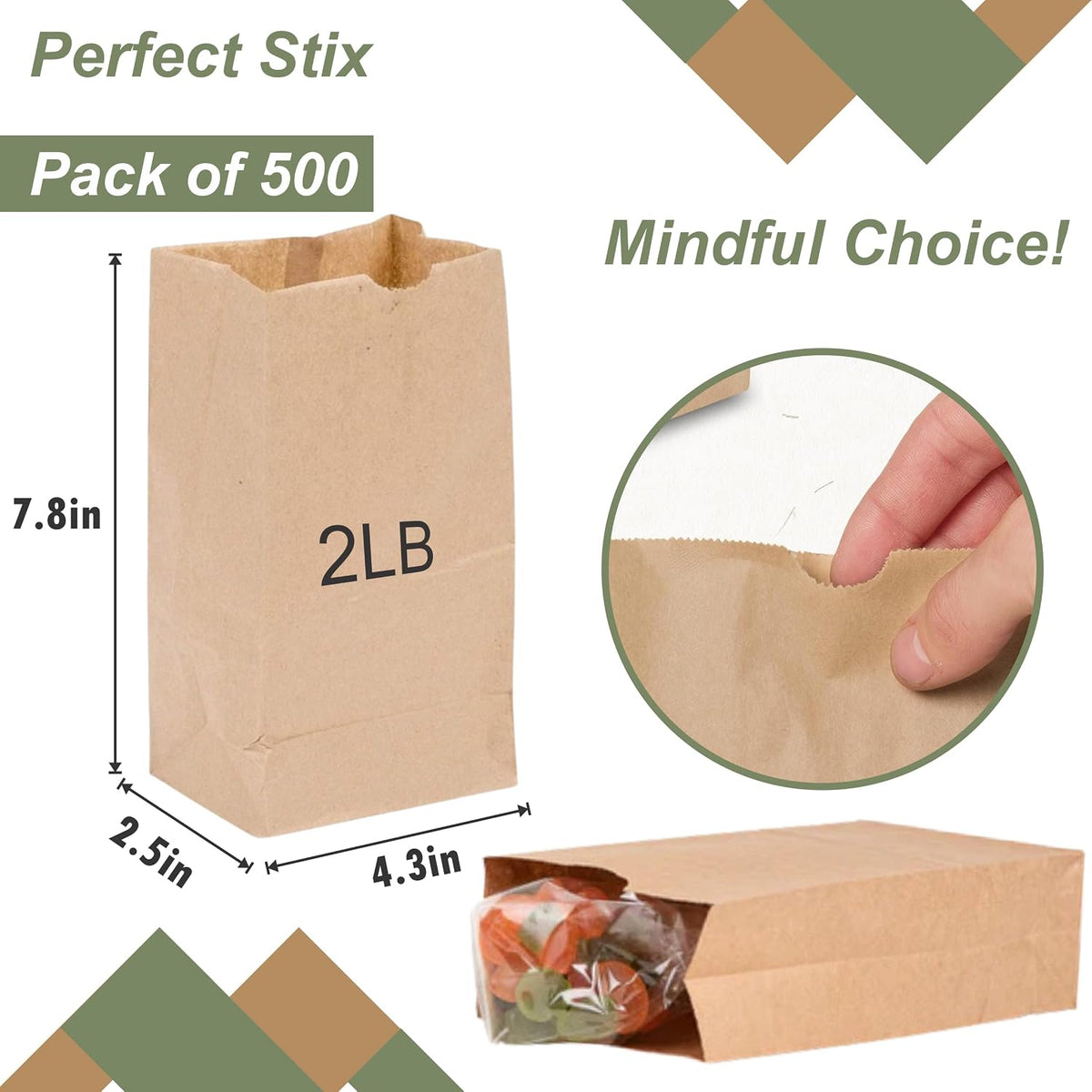 Pravelo 2lb Brown Paper Bags - Kraft Grocery Bags for Food Packaging, 500 Count Pack