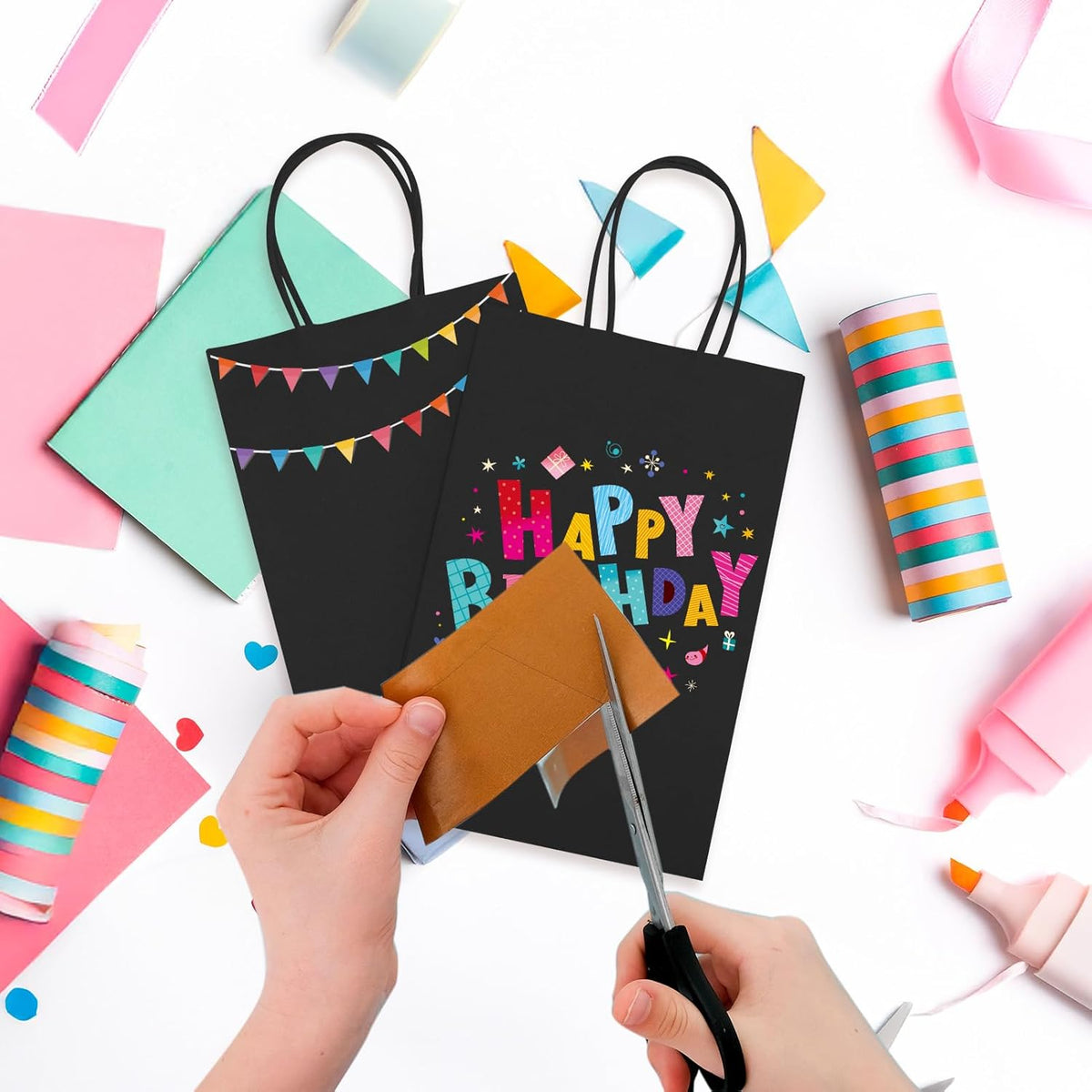 Meriva Gift Bags 200pcs 5.25x3.75x8 Small Black Paper Bags with Handles | Party Use