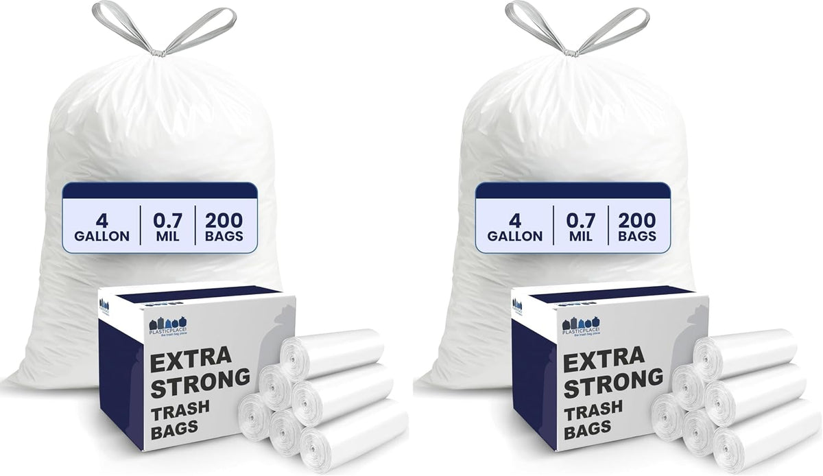 Plastica 4 Gallon White Drawstring Trash Bags, 200 Count, Leakproof Small Can Liners