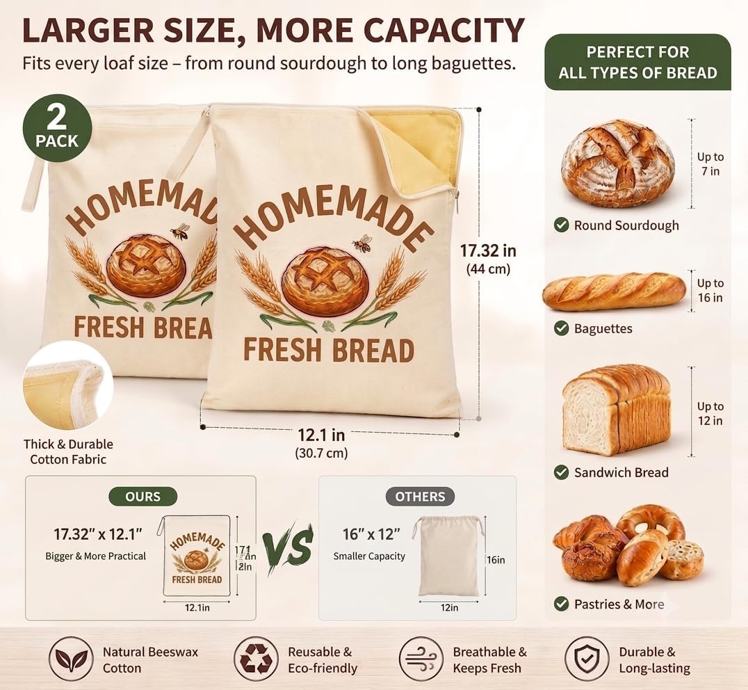 Zipora 2 Pack Wide Zipper D-Shape Bread Bags, Reusable Bread Storage Organizer | 2 Pack