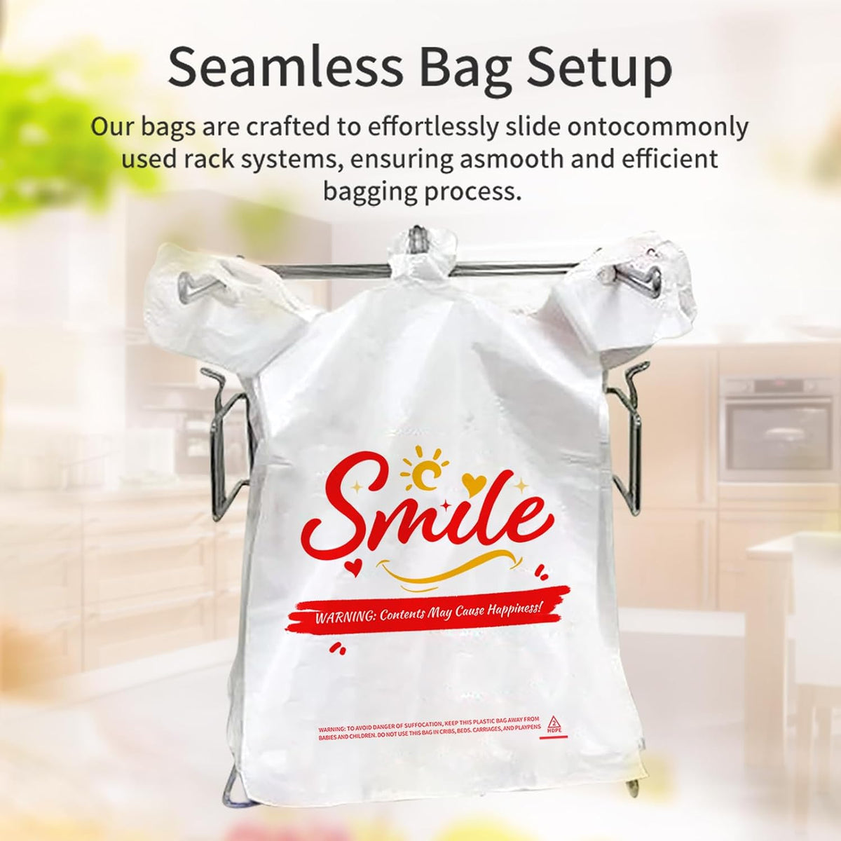 Valora 100 Pack White Smile Plastic Bags, 11.5 x 6.5 x 21 Inch T-Shirt Grocery Bags