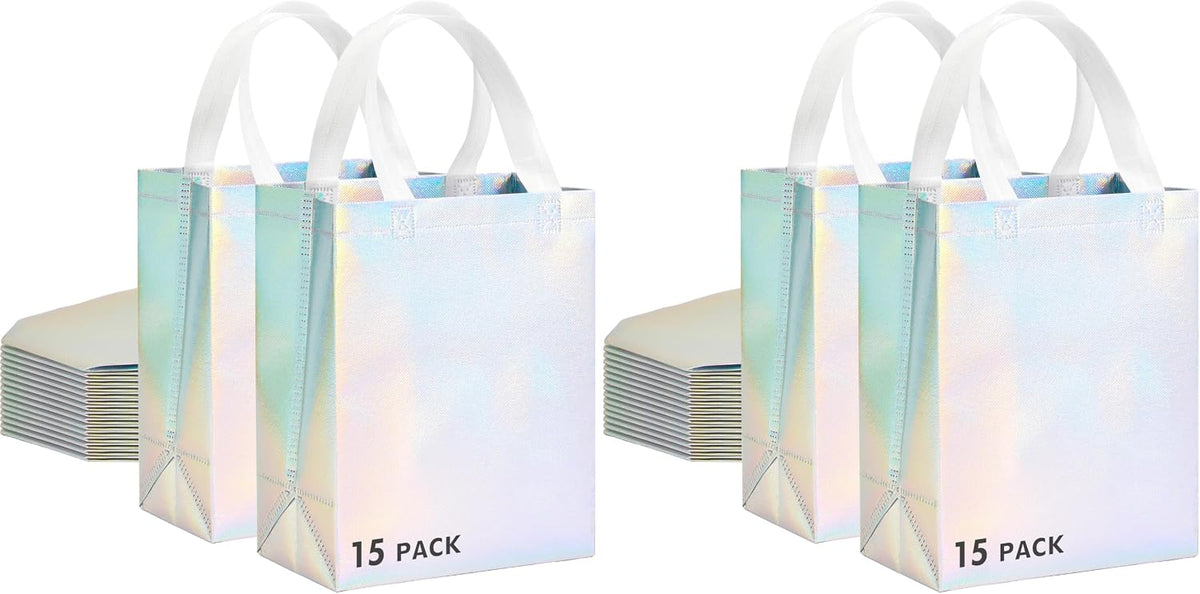 Iridora 100 Pcs Iridescent Glossy Gift Bags, 8.4 x 10 Inch, Holographic Handles | 100 Pcs
