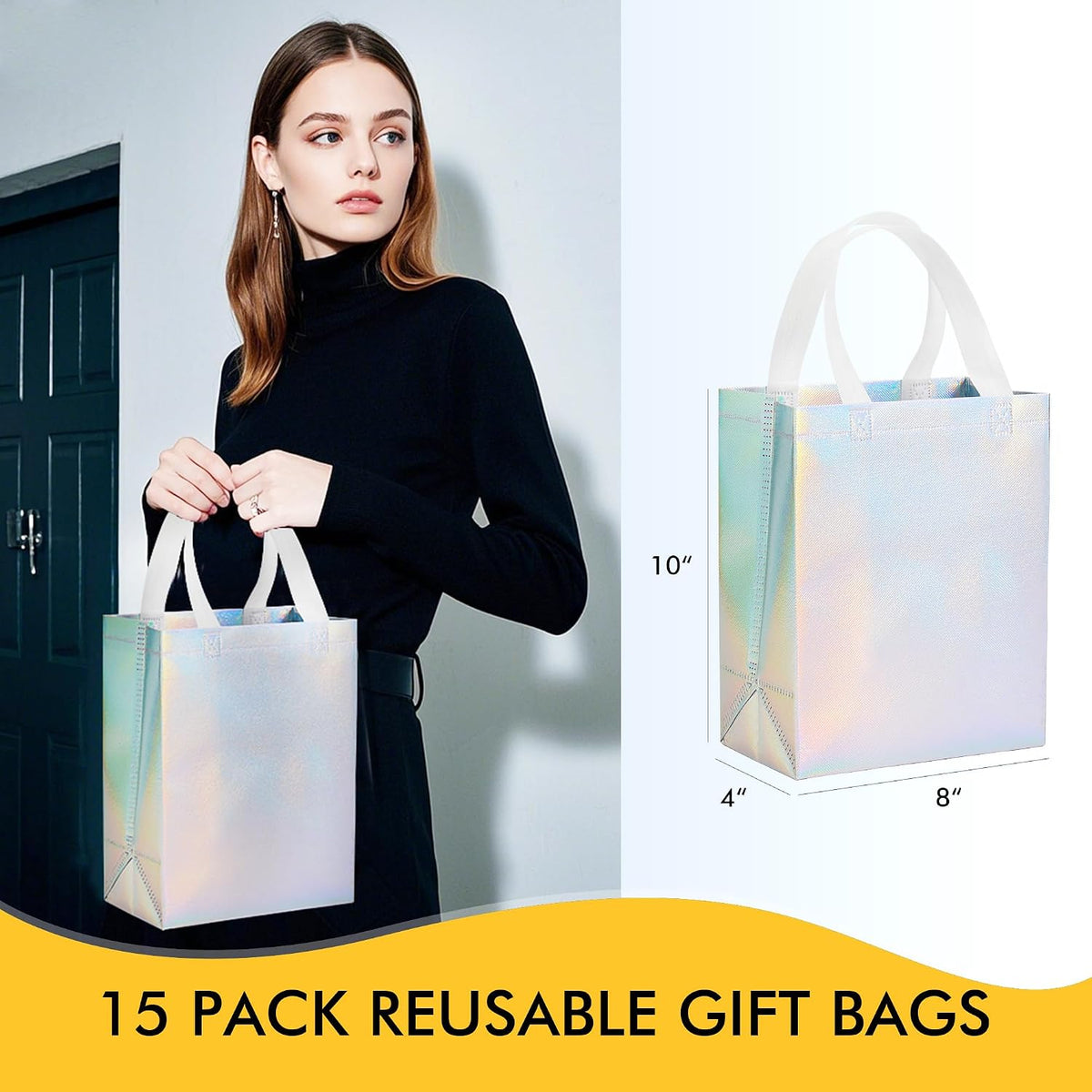 Iridora 100 Pcs Iridescent Glossy Gift Bags, 8.4 x 10 Inch, Holographic Handles | 100 Pcs