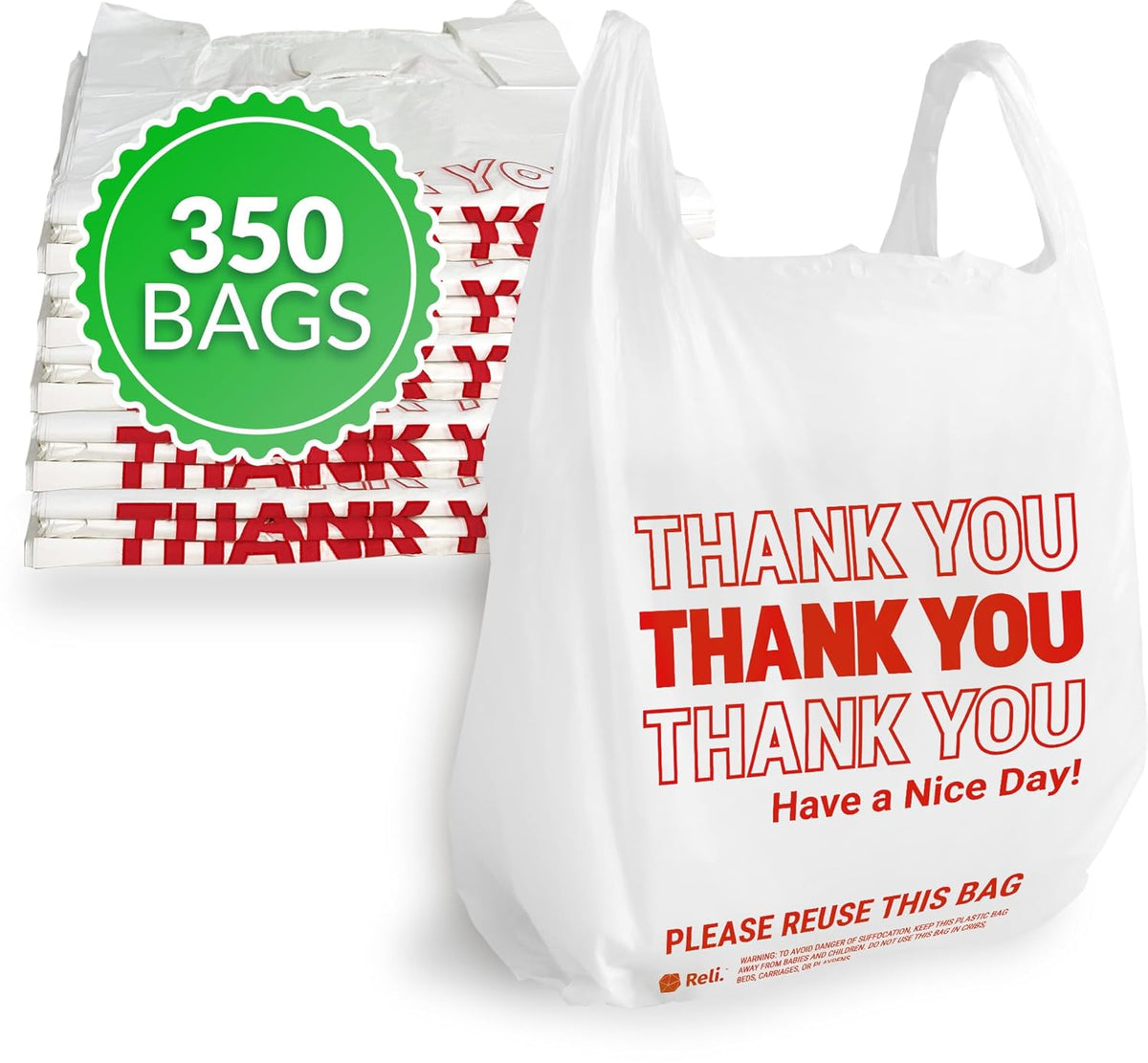 Relora Thank You Plastic Bags, 350 Count, Clear T-Shirt Grocery Shopping Bags | 350 Count