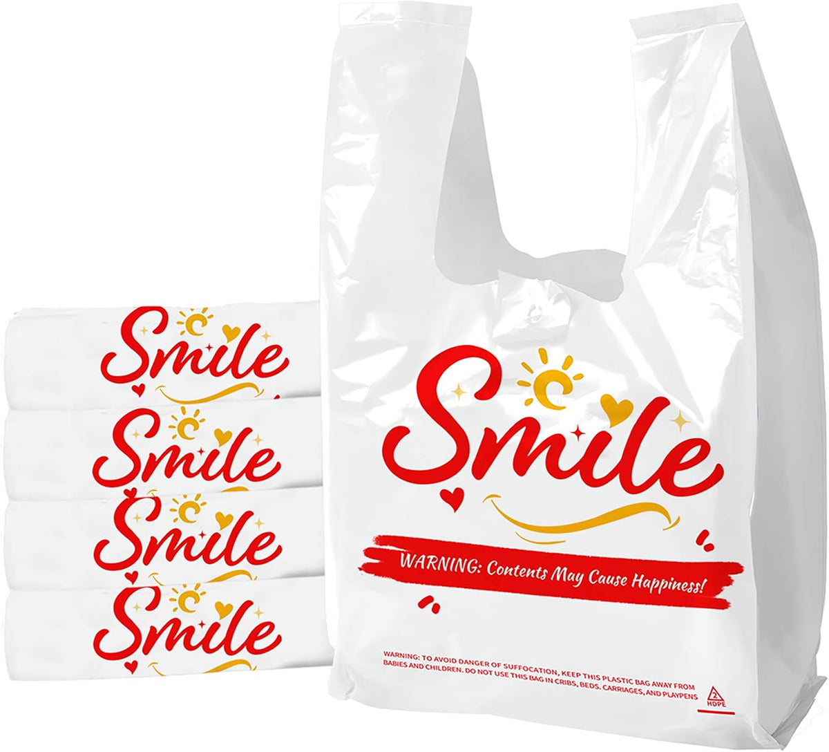 Valora 100 Pack White Smile Plastic Bags, 11.5 x 6.5 x 21 Inch T-Shirt Grocery Bags