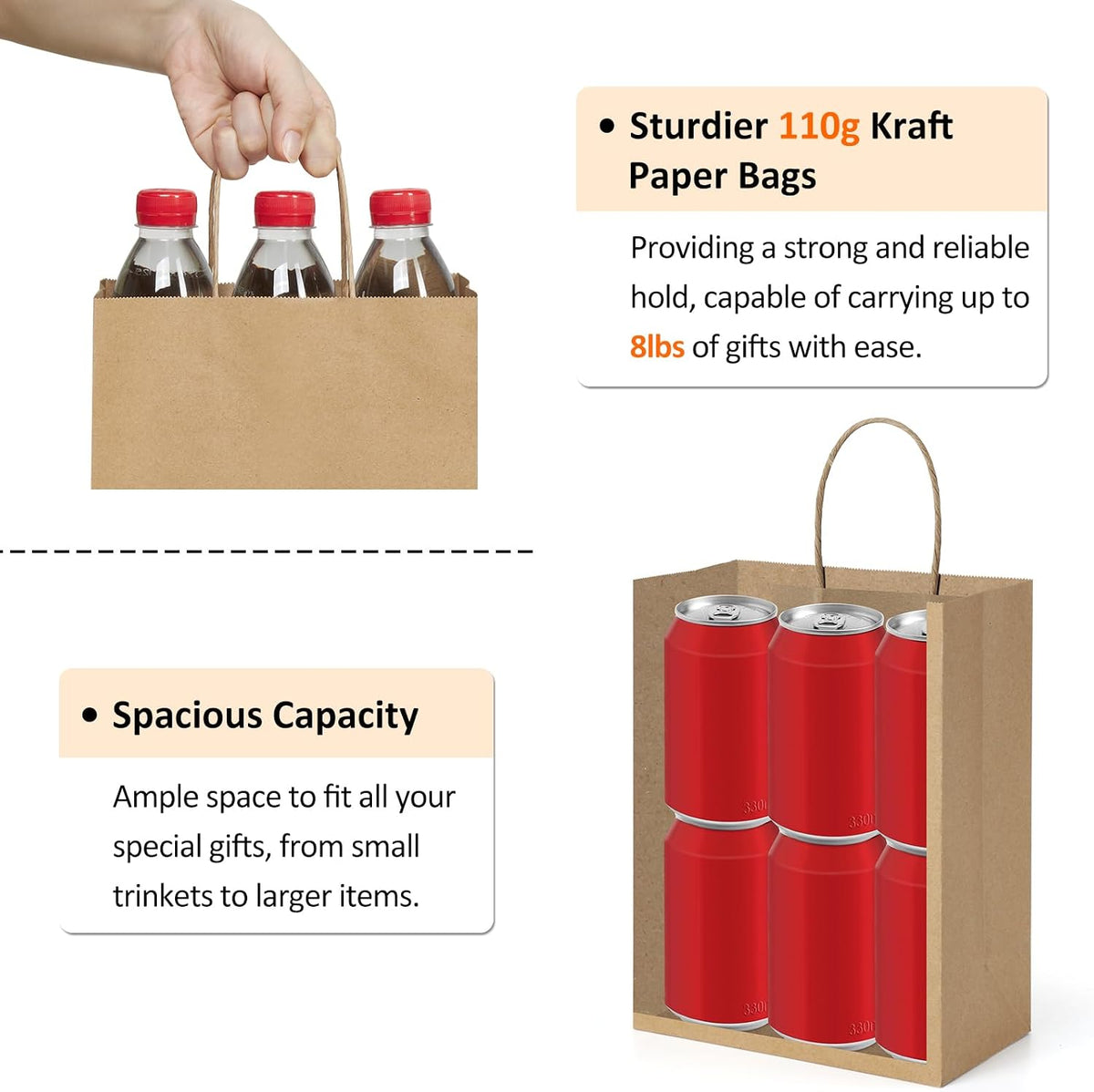 BagDmora Gift Bags with Handles, 5.25 x 3 x 8 Inch Small White Bags, 100 Pack