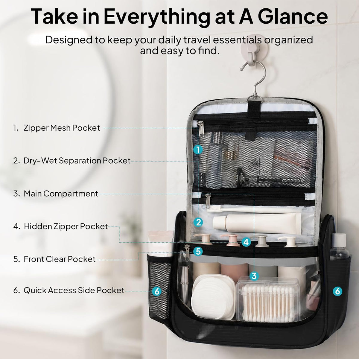 Travora Toiletry Bag for Women and Men, Waterproof Hanging Makeup Organizer | Hanging