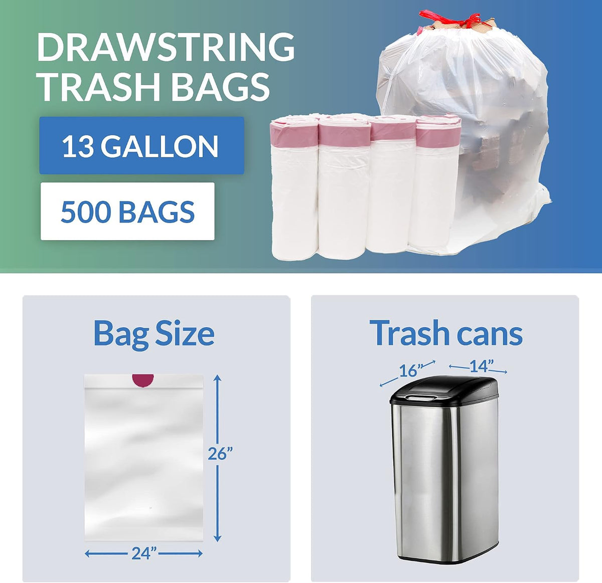 Relora Tall Kitchen Drawstring Trash Bags, 13 Gallon, 500 Count Bulk Value Pack Pack