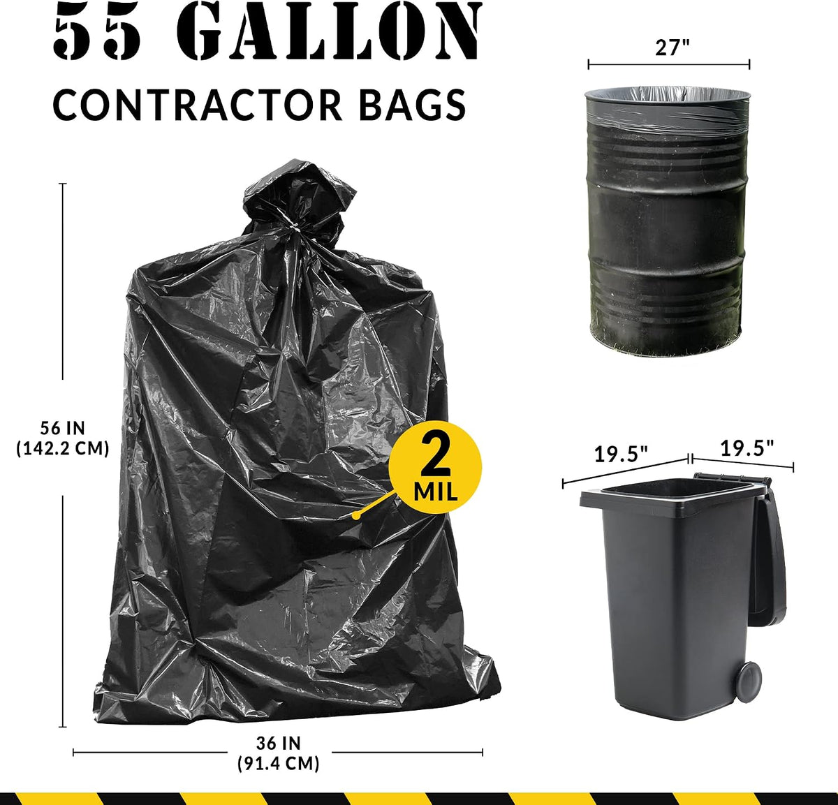 Relora Contractor Garbage Bags, 55 Gallon Heavy Duty Trash Liners, 32 Count Pack