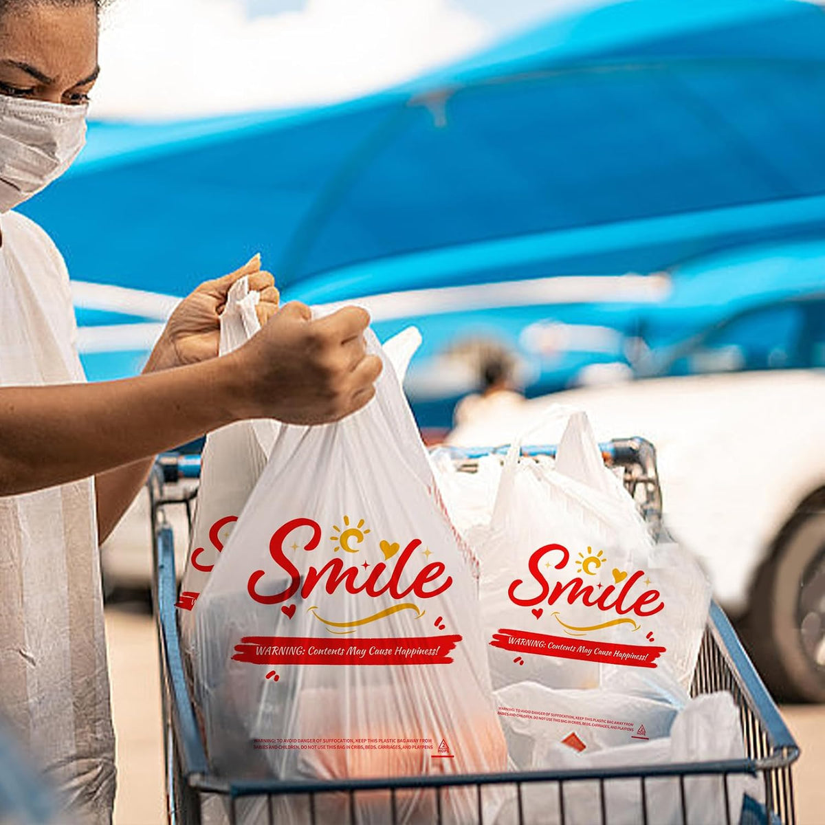 Valora 100 Pack White Smile Plastic Bags, 11.5 x 6.5 x 21 Inch T-Shirt Grocery Bags