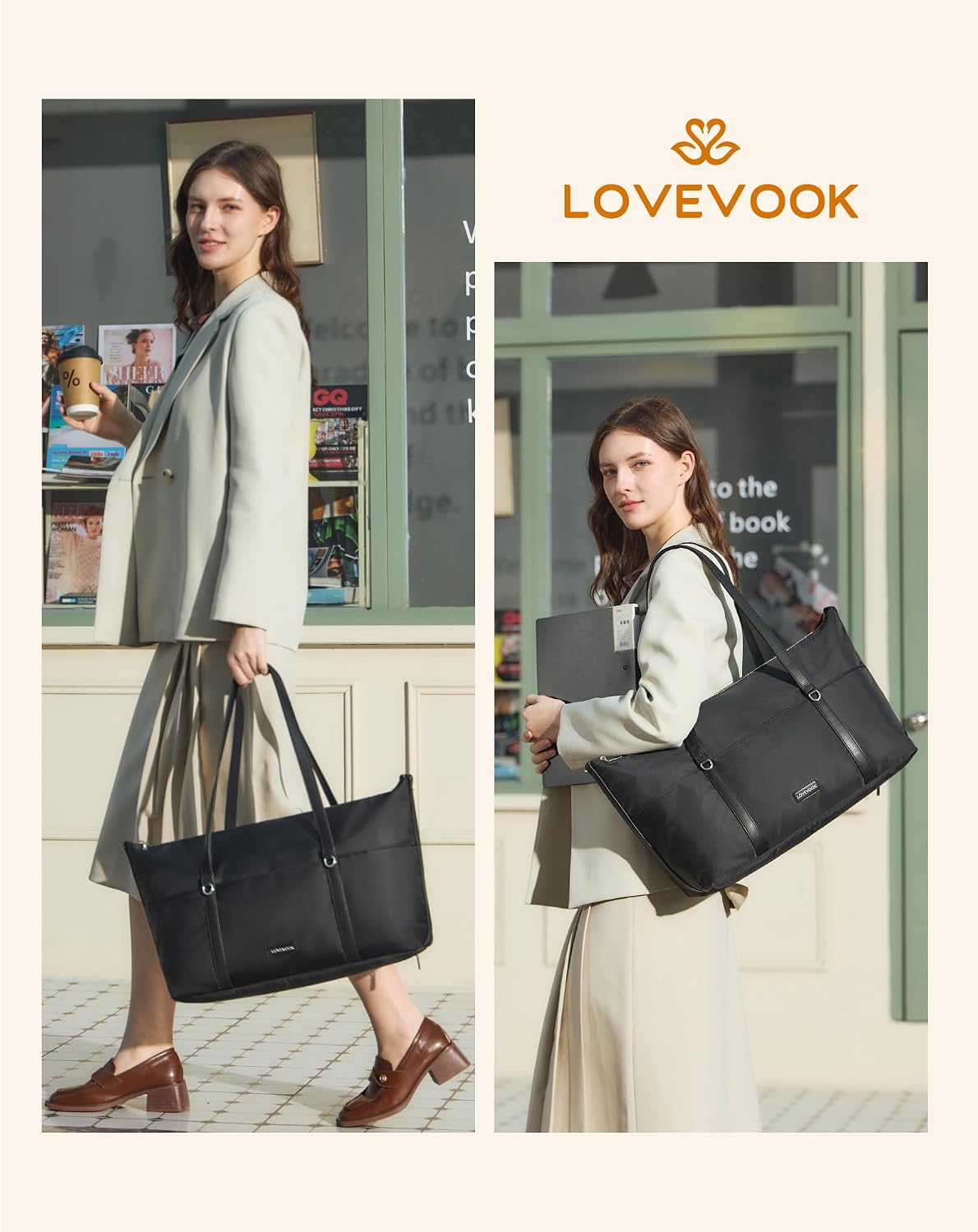 Loveora Work Tote Bag for Women, 15.6 Inch Laptop Sleeve, Long Shoulder Strap | Work Tote Pack