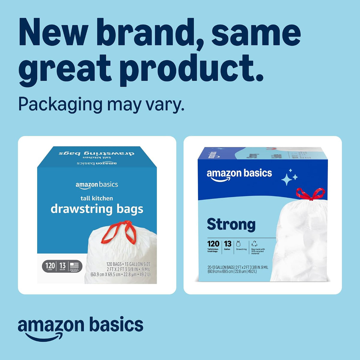 Averon Basics Trash Bags, Tall Kitchen Drawstring, Unscented, 13 Gallon, 120 Count Pack