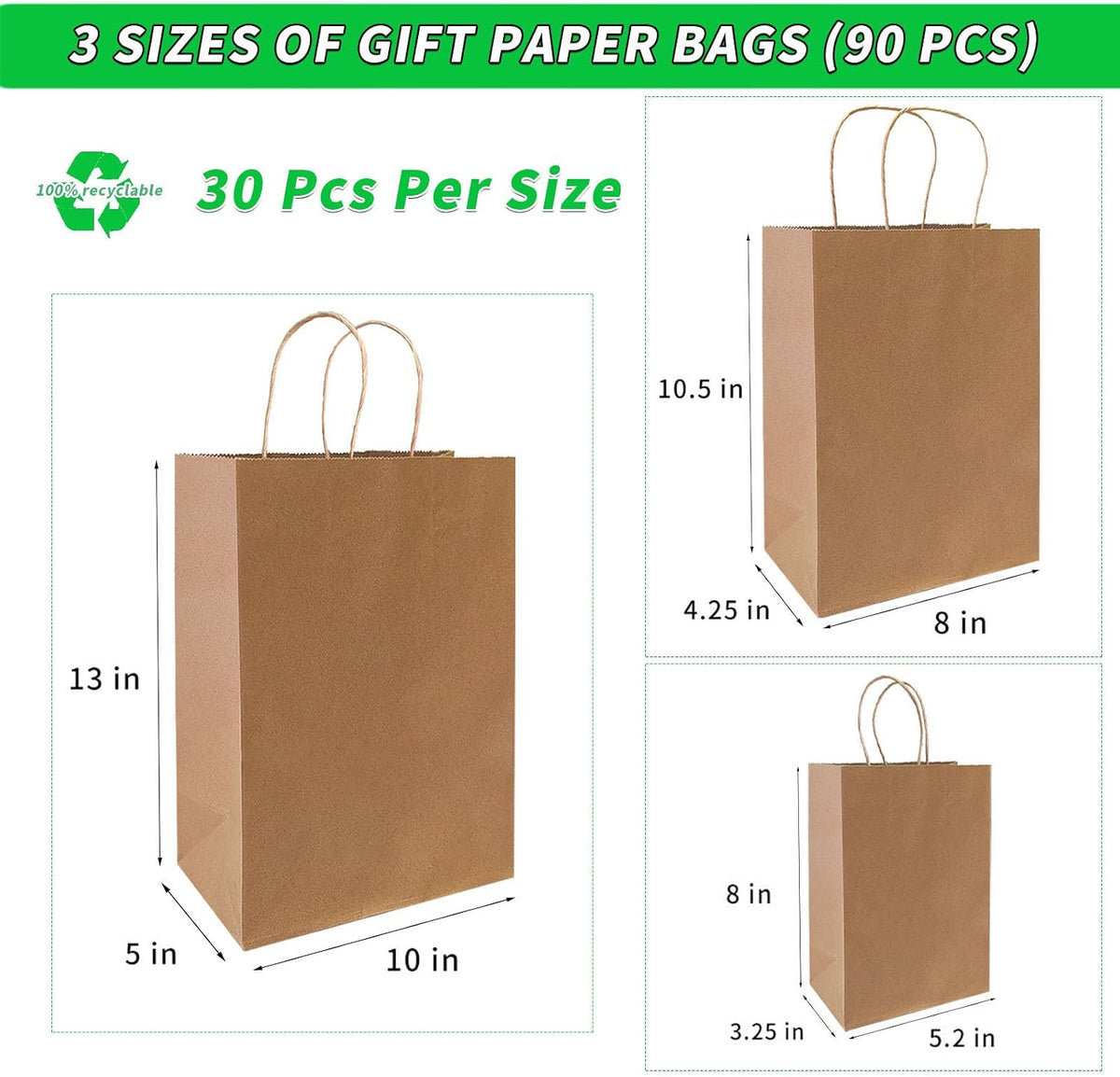 Fadaro 90 Pack Brown Kraft Paper Bags with Handles, Assorted Sizes for Retail | 90 Pack