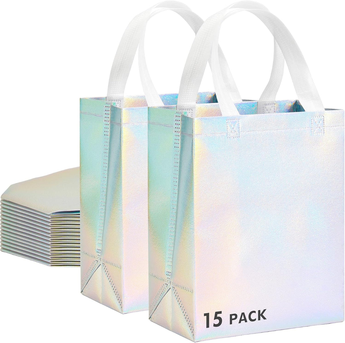 Iridora 100 Pcs Iridescent Glossy Gift Bags, 8.4 x 10 Inch, Holographic Handles | 100 Pcs