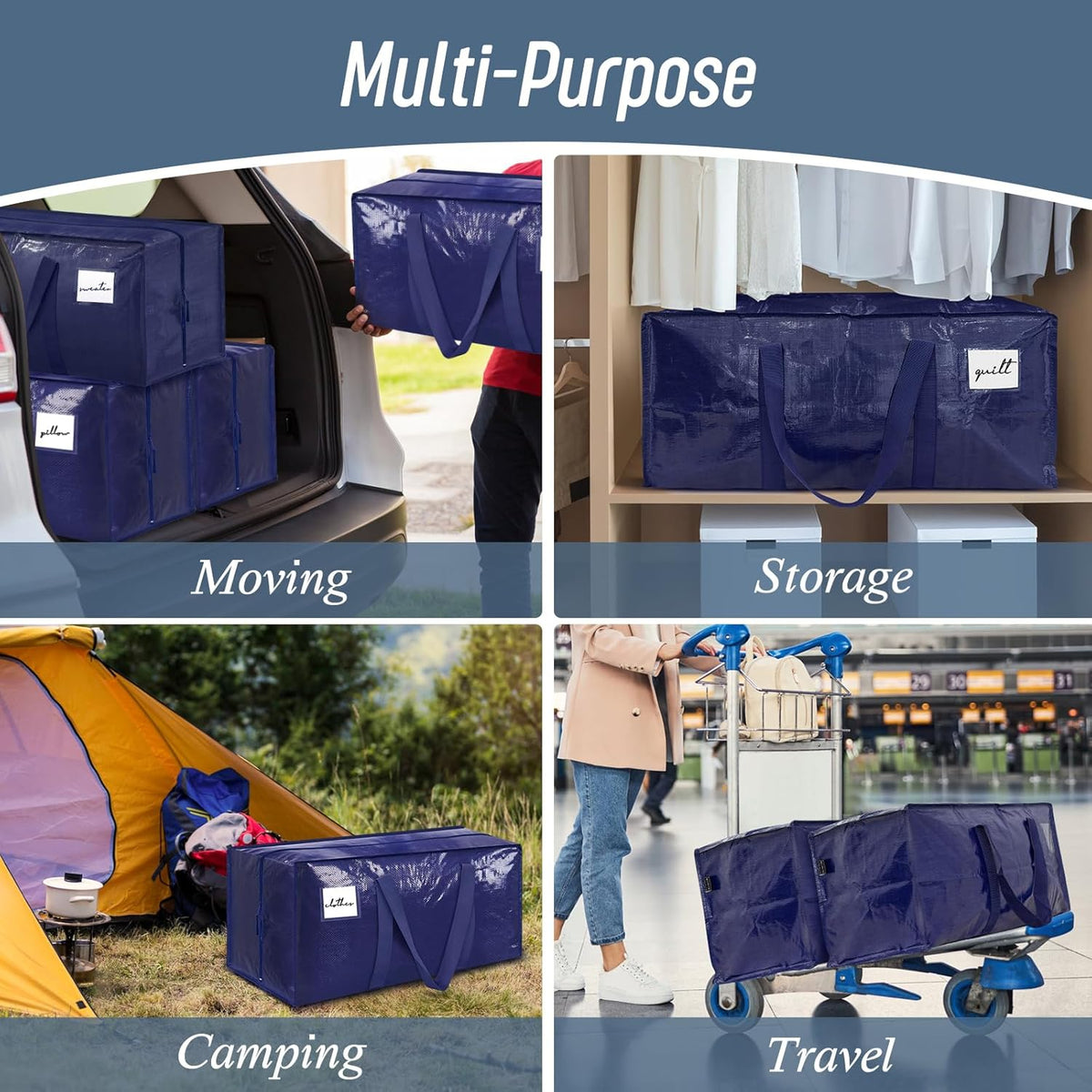 Heftora 6 Pack Extra Heavy Duty Large Moving Bags with Strong Zipper, Dark Blue | 6 Pack