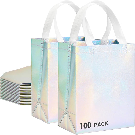 Iridora 100 Pcs Iridescent Glossy Gift Bags, 8.4 x 10 Inch, Holographic Handles | 100 Pcs