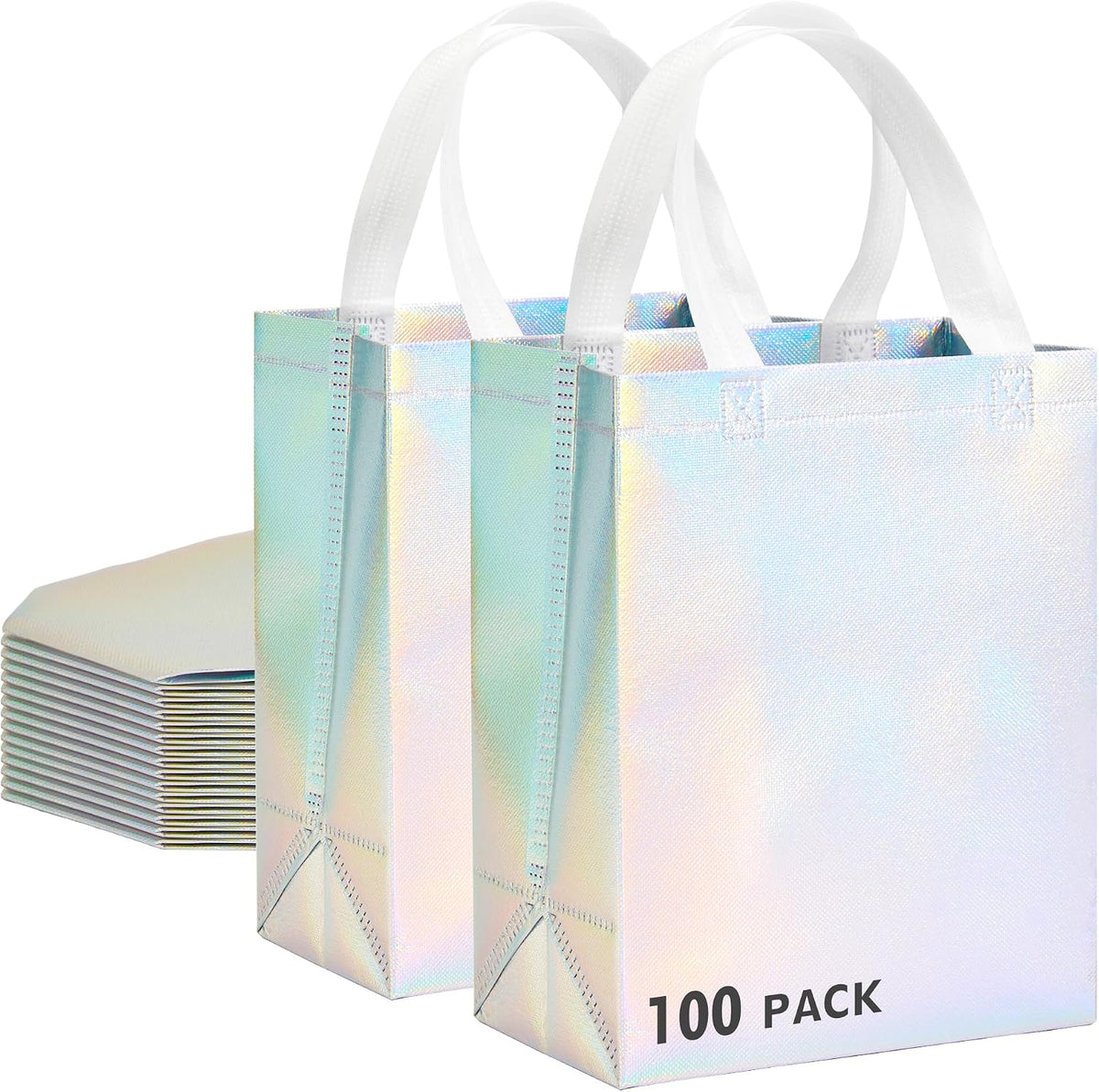 Iridora 100 Pcs Iridescent Glossy Gift Bags, 8.4 x 10 Inch, Holographic Handles | 100 Pcs