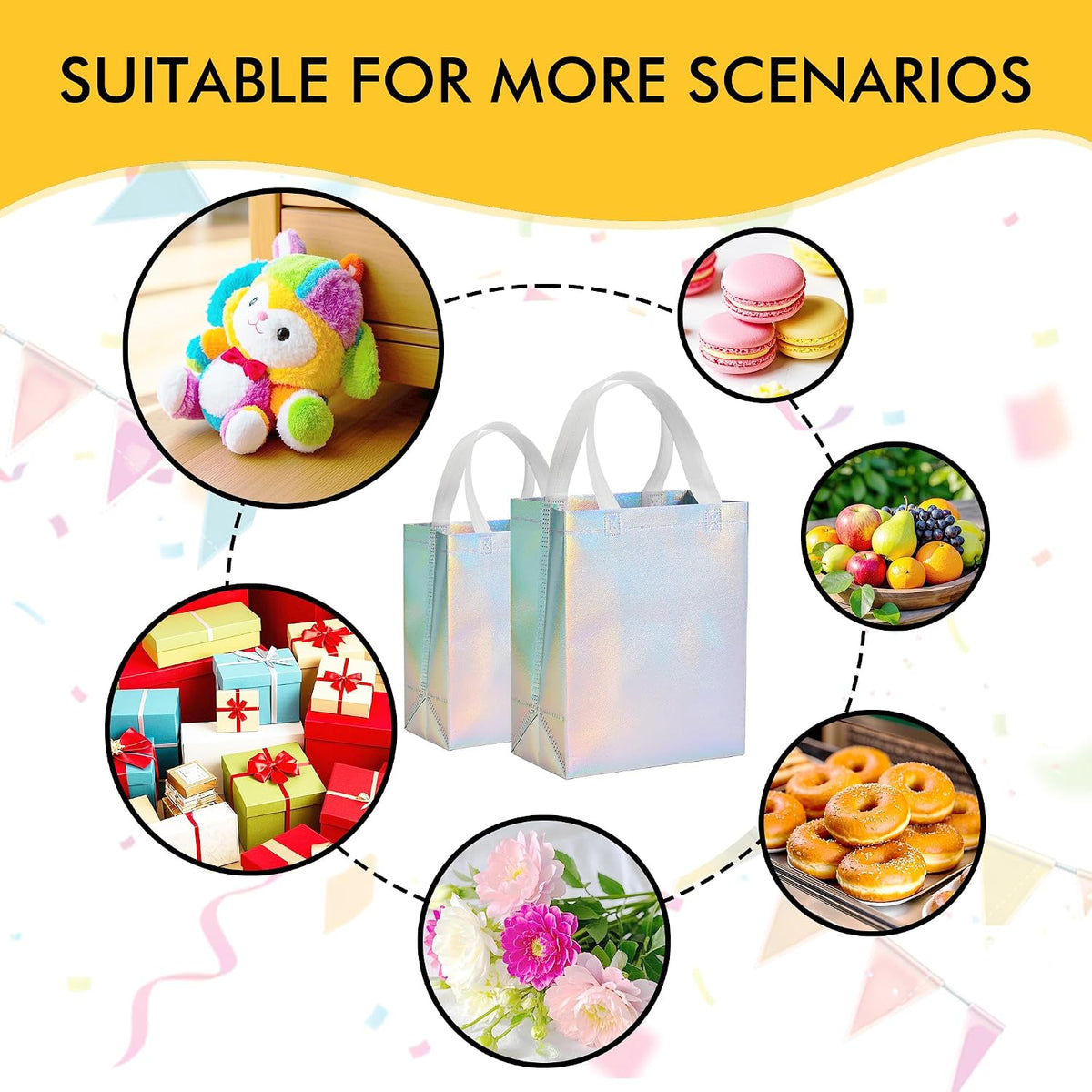 Iridora 100 Pcs Iridescent Glossy Gift Bags, 8.4 x 10 Inch, Holographic Handles | 100 Pcs