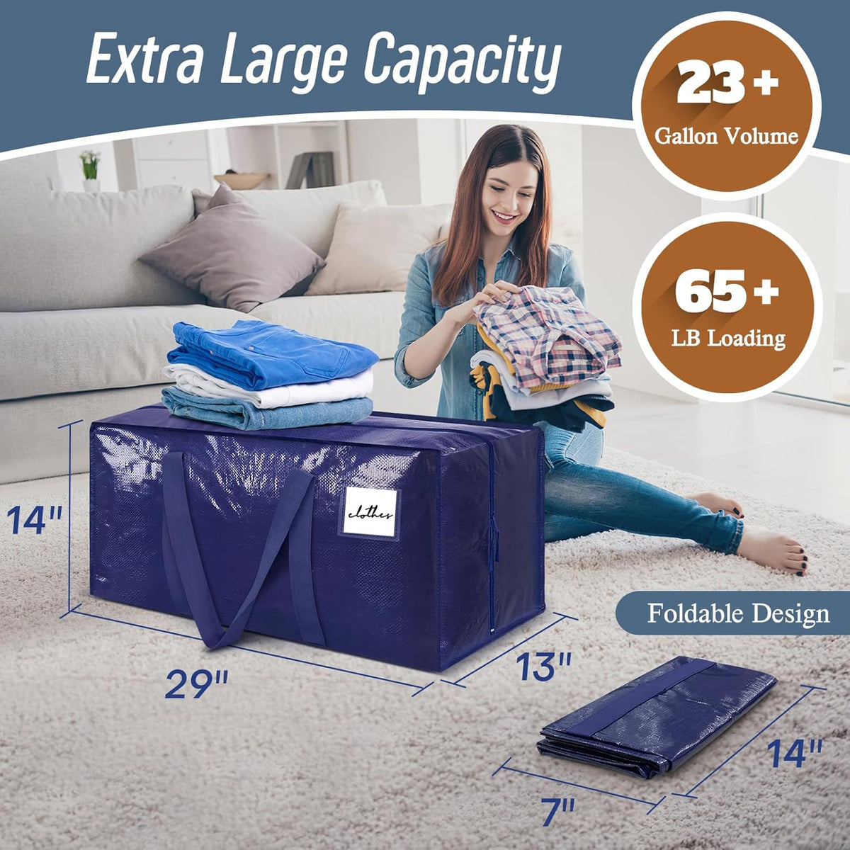 Heftora 6 Pack Extra Heavy Duty Large Moving Bags with Strong Zipper, Dark Blue | 6 Pack