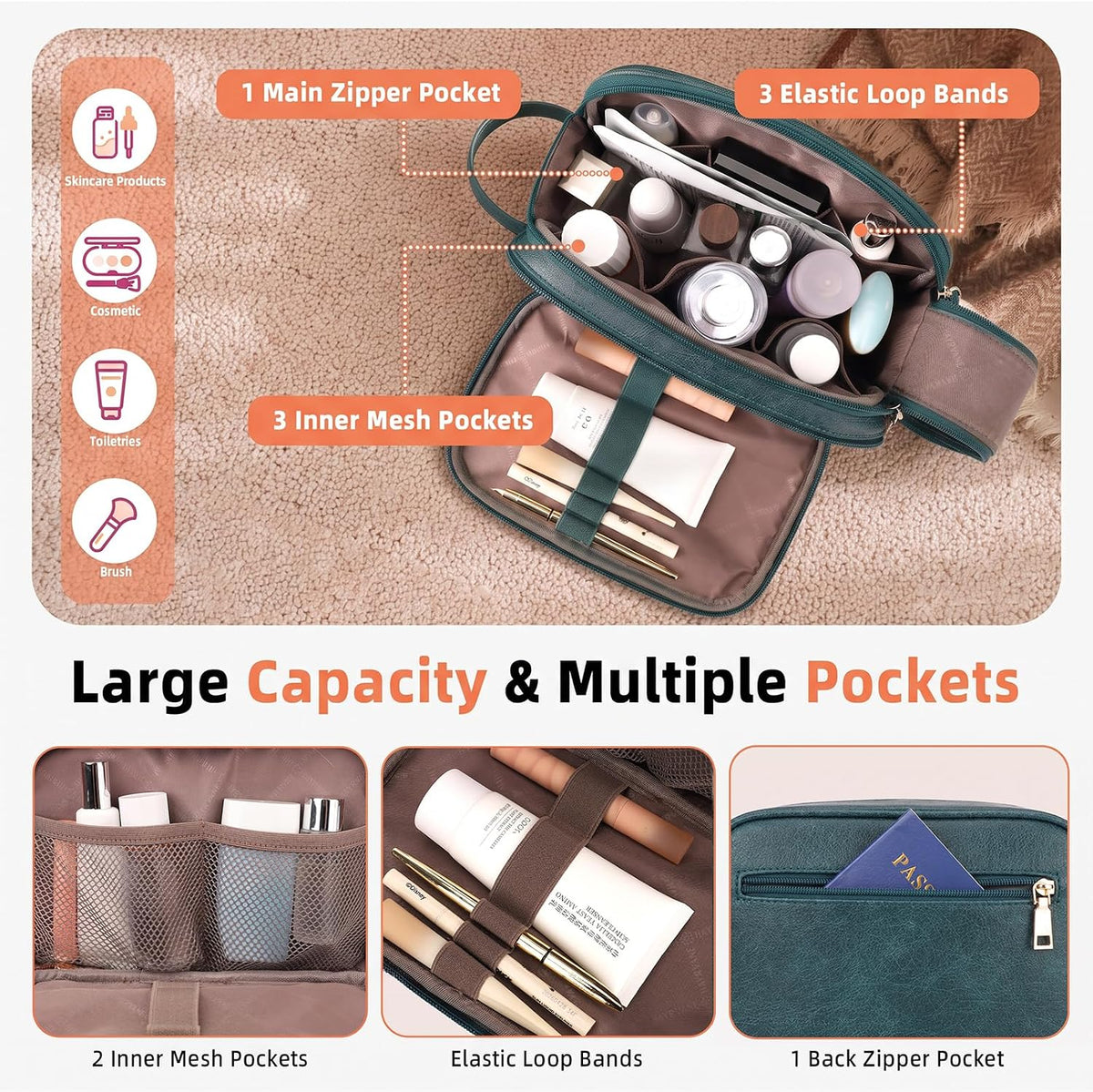 Purora PU Leather Women's Travel Toiletry Bag, Water Resistant Makeup Organizer for Travel
