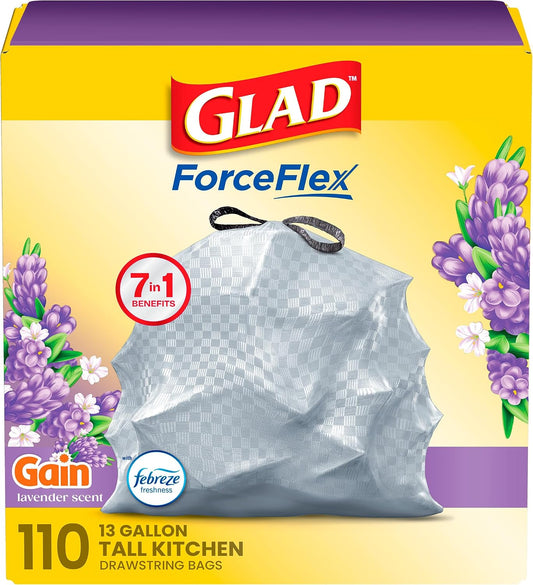 Gloria ForceFlex Tall Kitchen Trash Bags, 13 Gal, Lavender with Febreze, 110 Count
