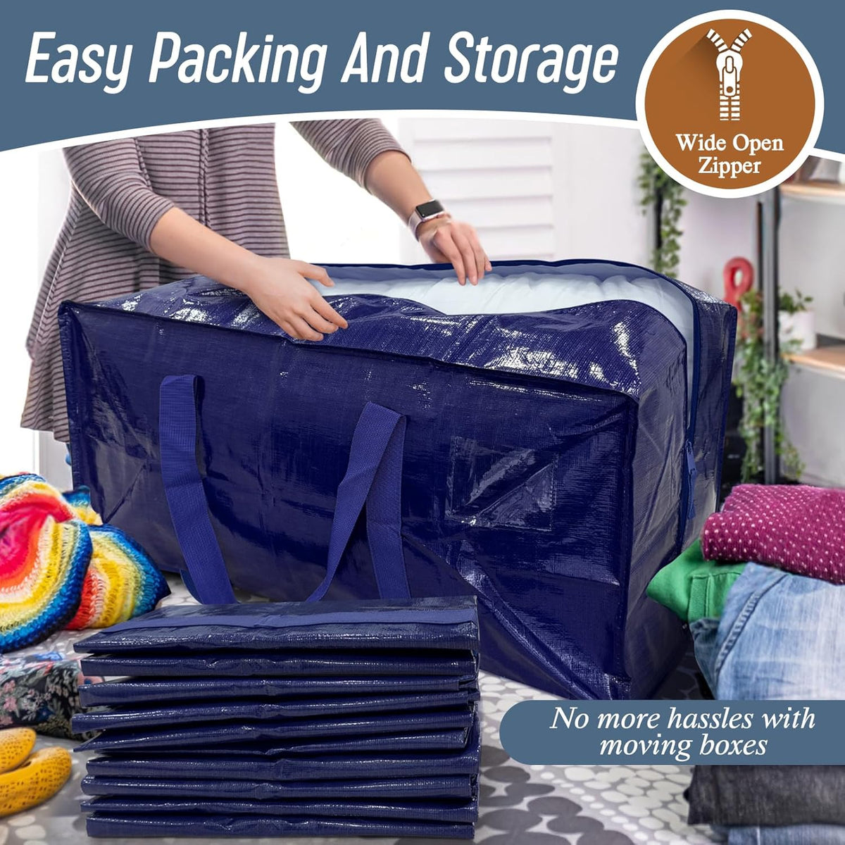 Heftora 6 Pack Extra Heavy Duty Large Moving Bags with Strong Zipper, Dark Blue | 6 Pack
