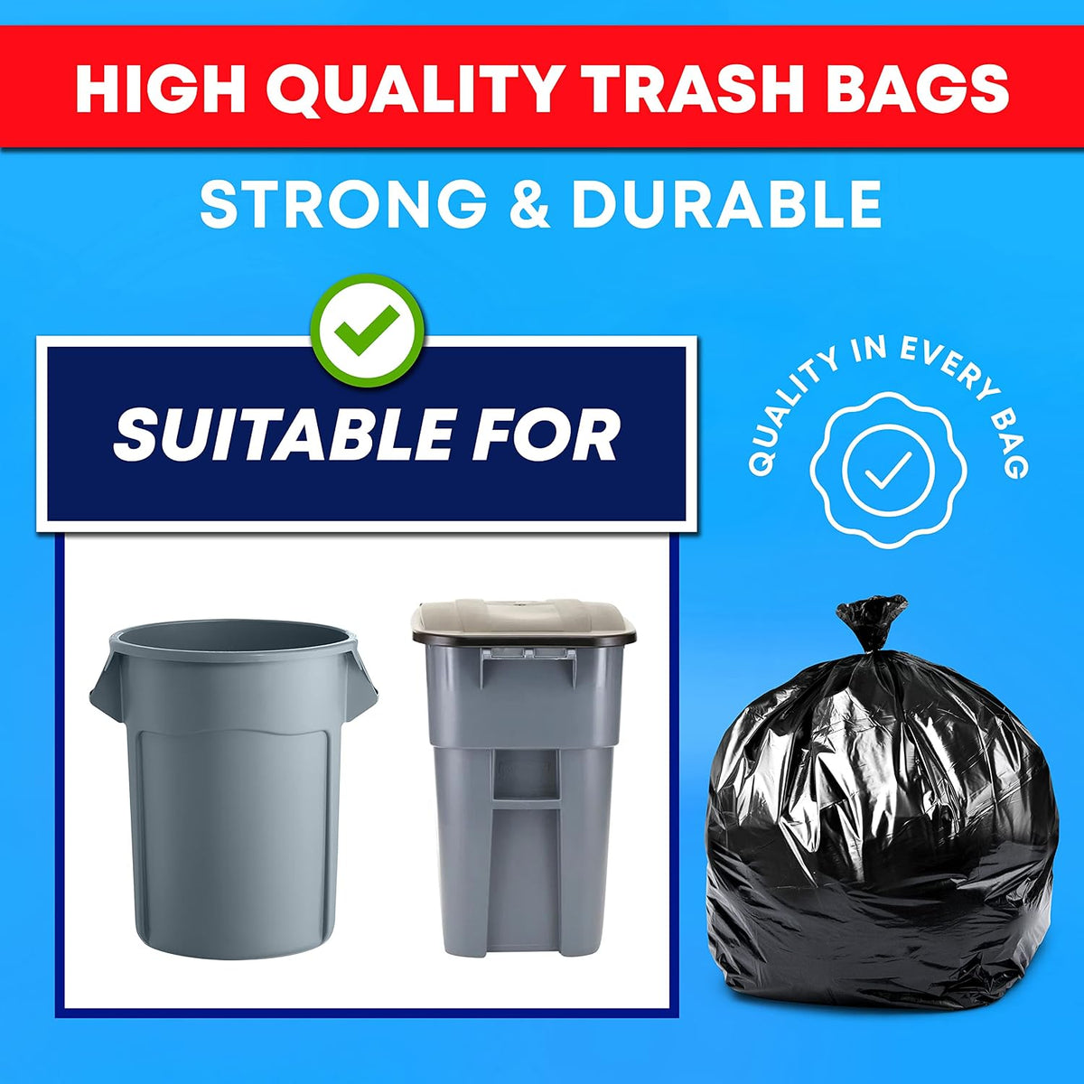 Taskora 55-60 Gallon Trash Bags, Heavy Duty Mega Value Pack, 50 Large Black Bags