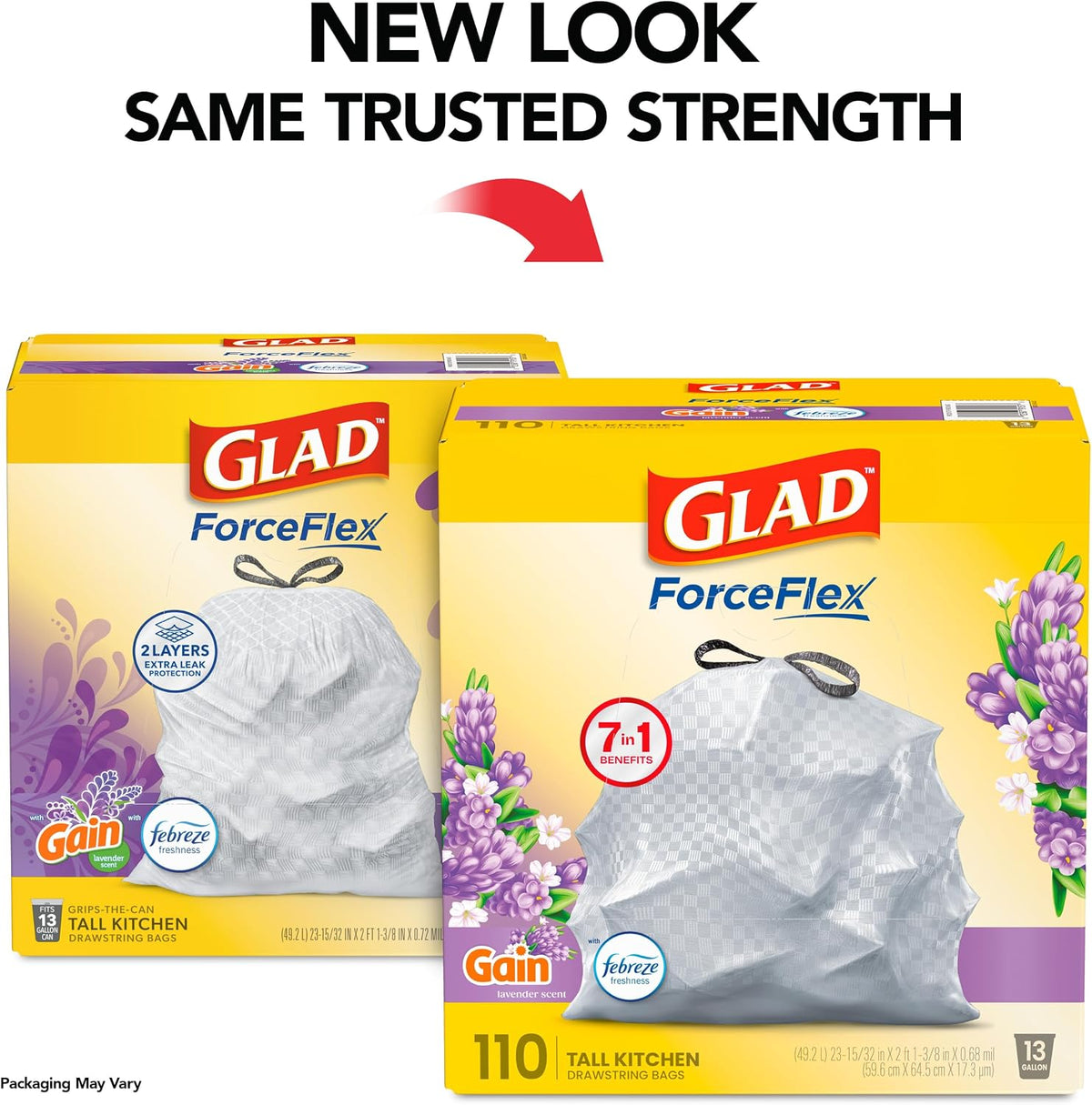 Gloria ForceFlex Tall Kitchen Trash Bags, 13 Gal, Lavender with Febreze, 110 Count