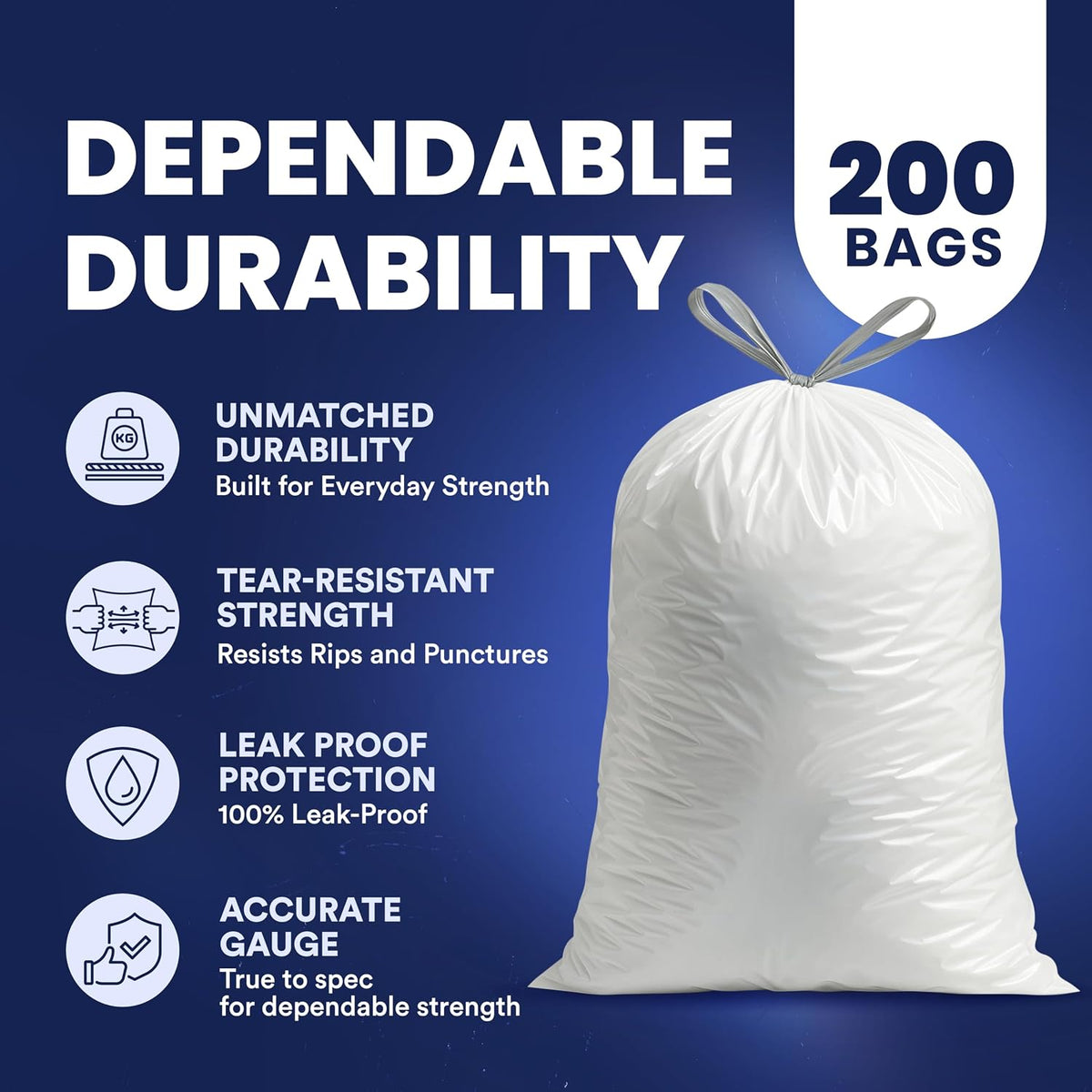 Plastica 4 Gallon White Drawstring Trash Bags, 200 Count, Leakproof Small Can Liners