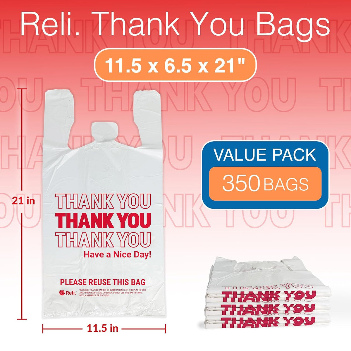Relora Thank You Plastic Bags, 350 Count, Clear T-Shirt Grocery Shopping Bags | 350 Count