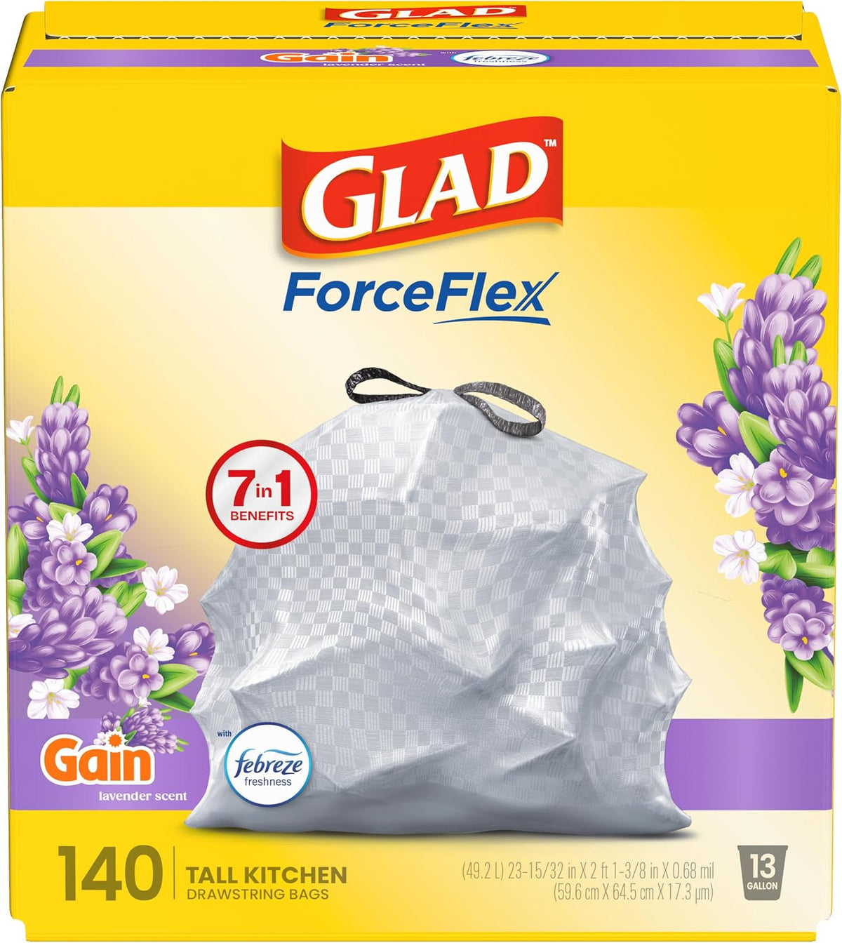 Gloria ForceFlex Tall Kitchen Trash Bags, 13 Gal, Lavender with Febreze, 110 Count